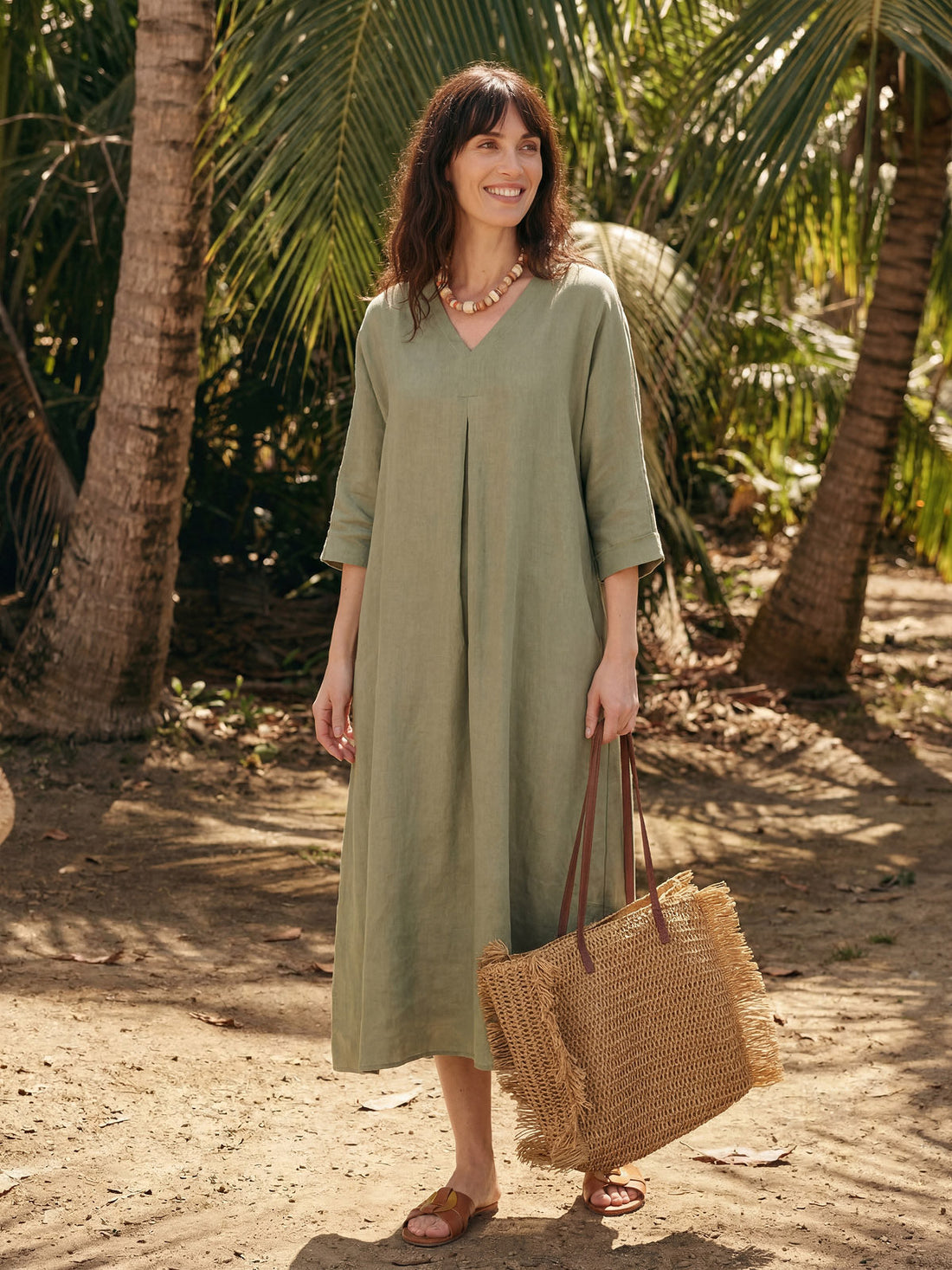 100% Linen Center Pleat V-Neck Cuffed Sleeve Maxi Dress ZENOBIA by LINTICO