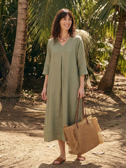 100% Linen Center Pleat V-Neck Cuffed Sleeve Maxi Dress ZENOBIA by LINTICO