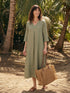 100% Linen Center Pleat V-Neck Cuffed Sleeve Maxi Dress ZENOBIA by LINTICO