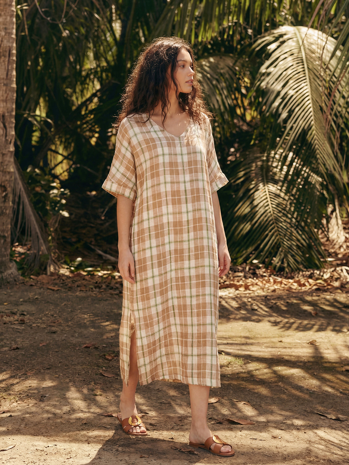 100% Linen Plaid Deep V-Neck Drop Shoulder Side Slit Midi Dress LESLIE by LINTICO