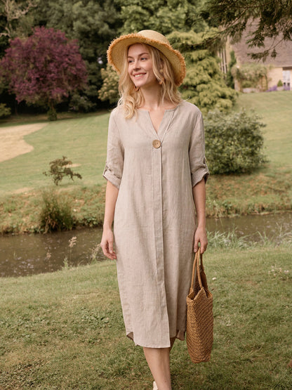 100% Linen Stand Collar V-Slit Tab Sleeve Midi Dress LEORA by LINTICO