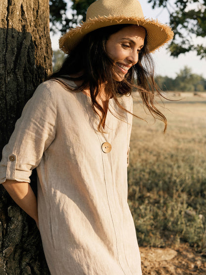 100% Linen Stand Collar V-Slit Tab Sleeve Midi Dress LEORA by LINTICO