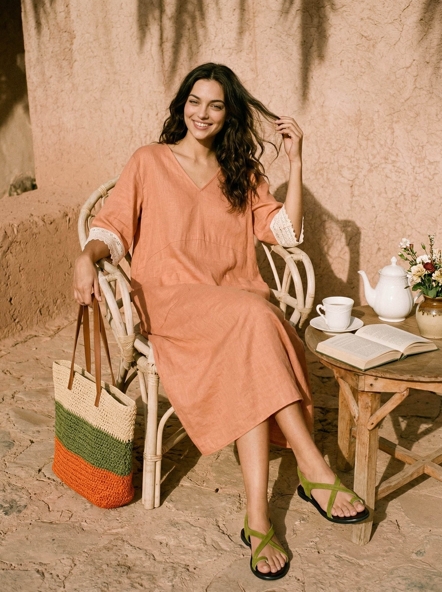 100% Linen Lace-Cuff Cocoon Midi Dress PETRA by LINTICO