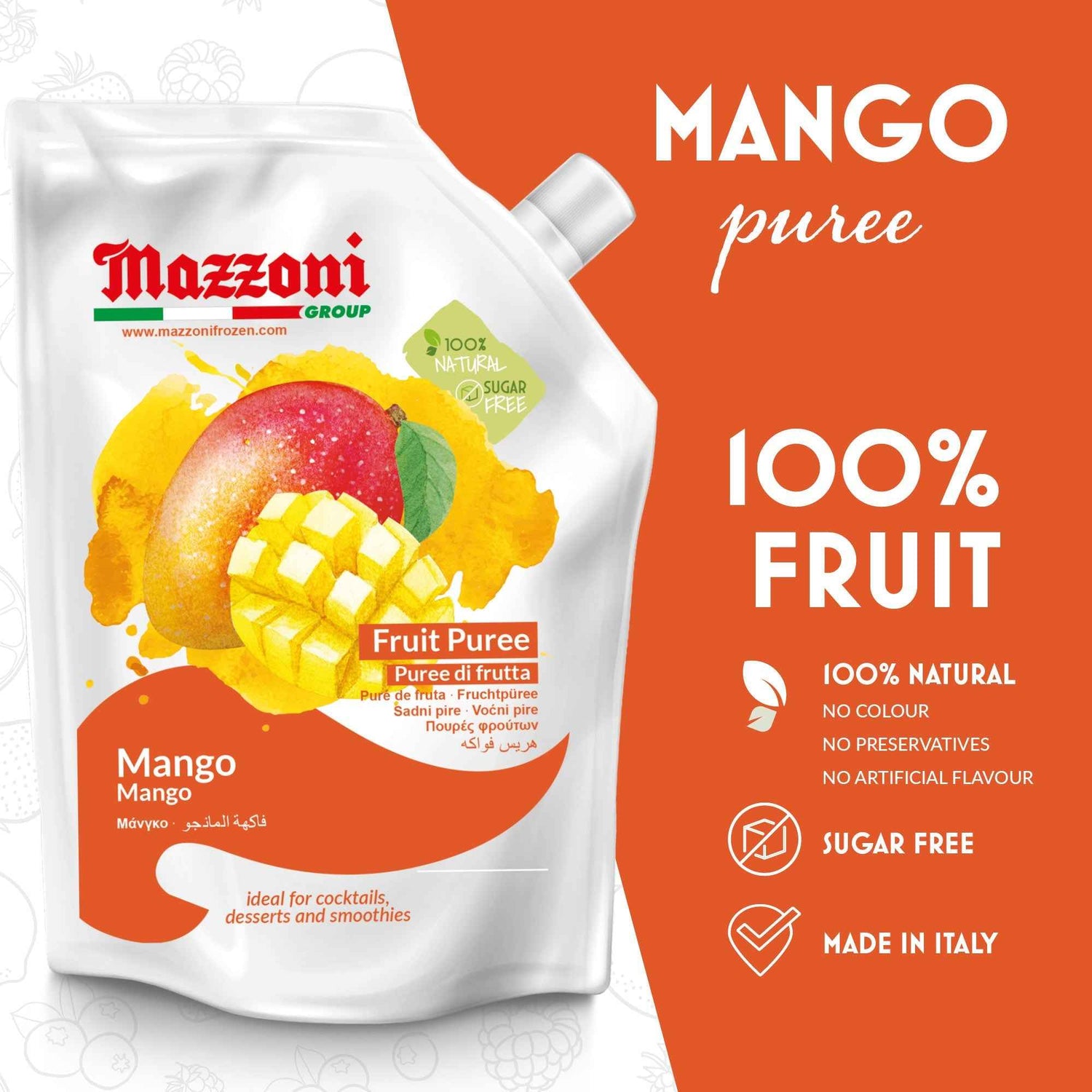 Mazzoni, Mango Puree, 100% Pure Mango, Just Fruit, No Sugar Added, 2.2 lb