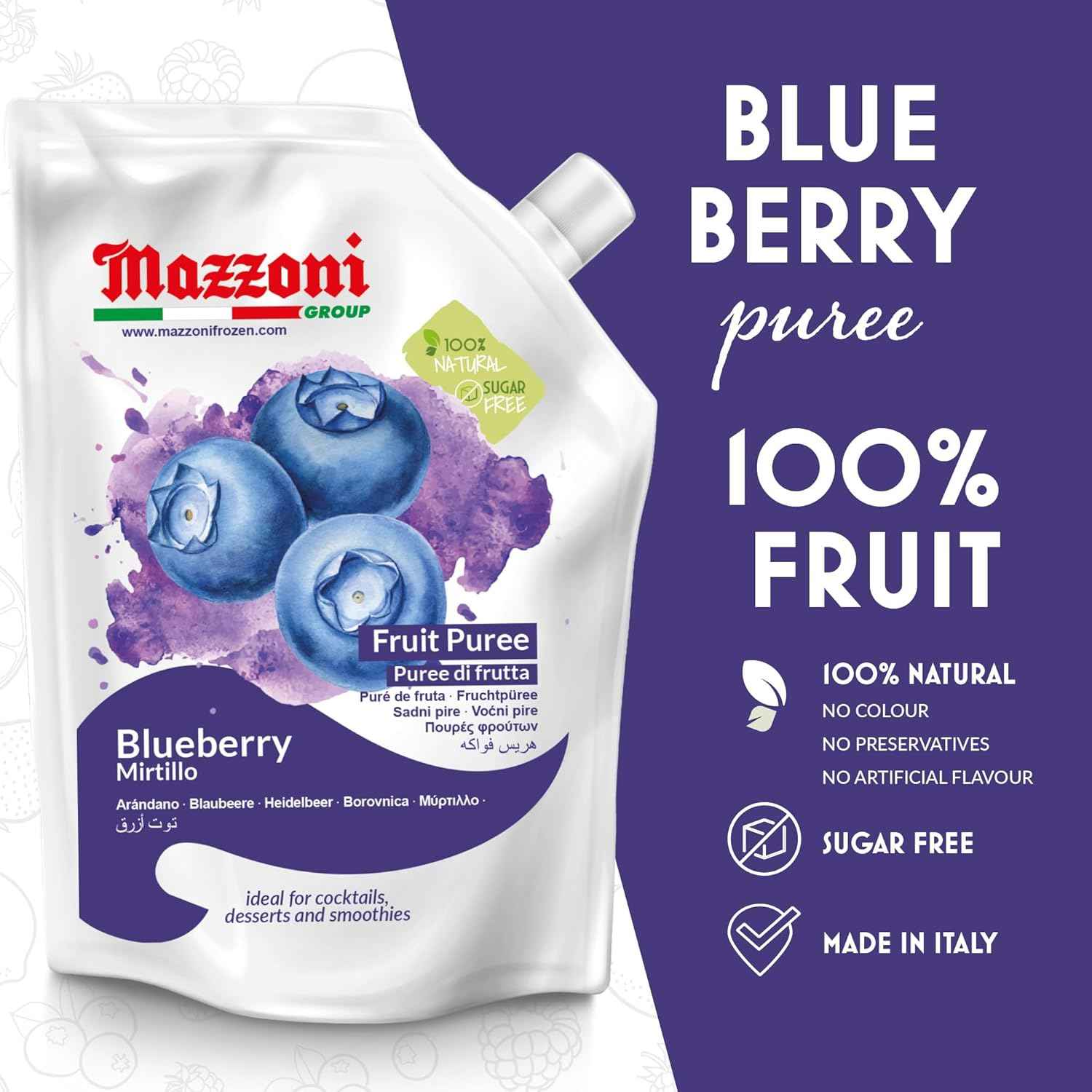 Mazzoni, Blueberry Puree, 100% Pure Blueberries, Just Fruit, No Sugar Added pouch 2.2 lb