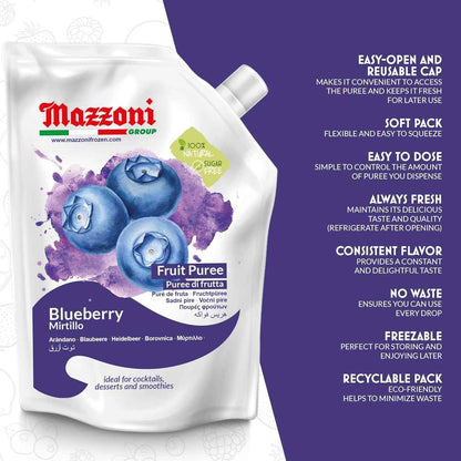 Mazzoni, Blueberry Puree, 100% Pure Blueberries, Just Fruit, No Sugar Added pouch 2.2 lb