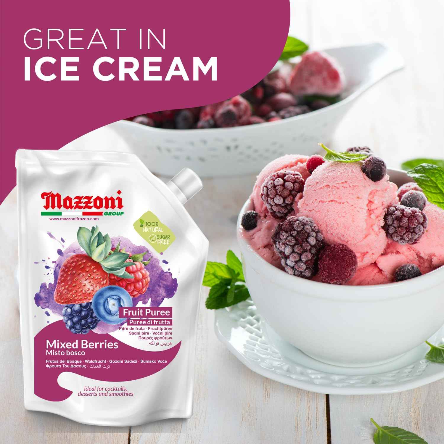 Mazzoni, Forest Berries Puree, 100% Pure Forest Berries, Just Fruit, No Sugar Added, 2.2 lb