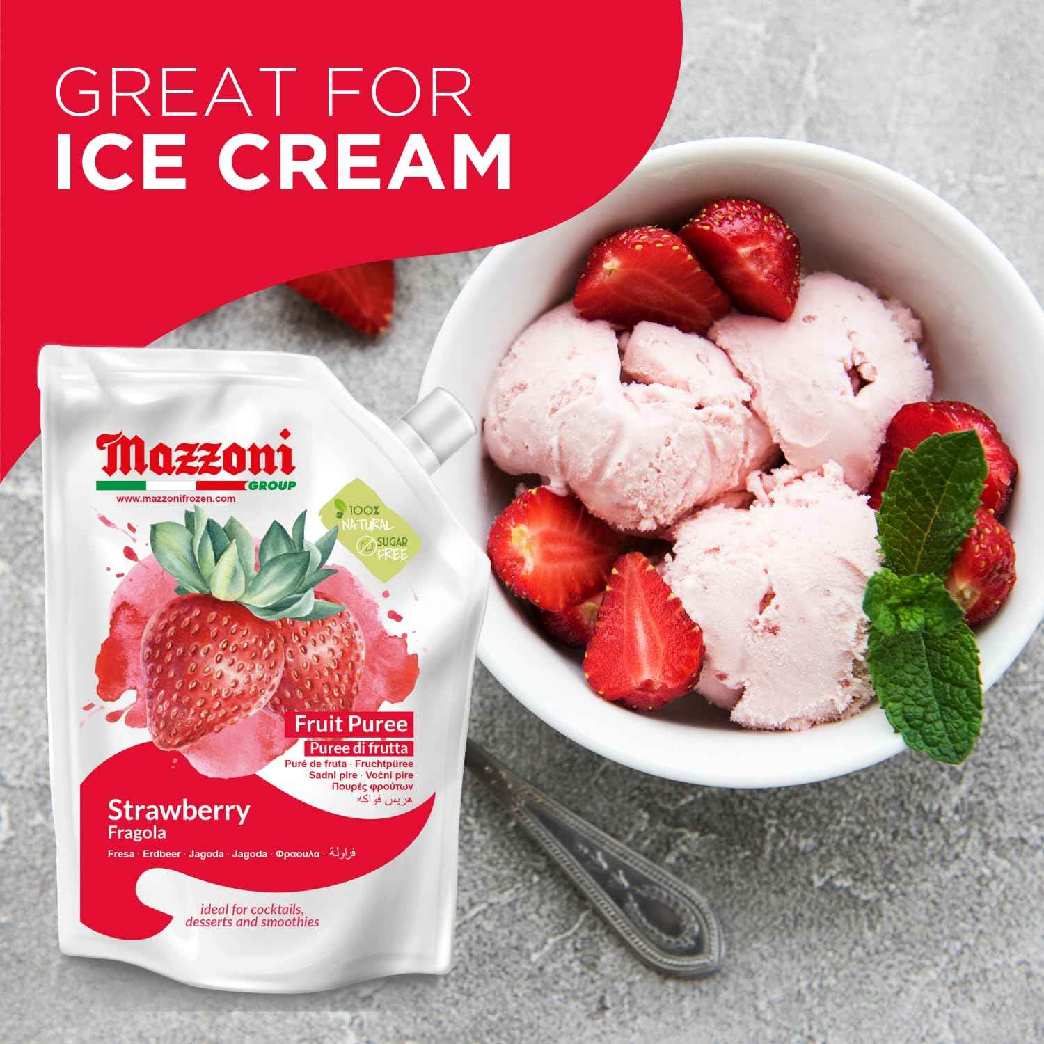 Mazzoni, Strawberry Puree, 100% Pure Strawberries, Just Fruit, No Sugar Added, pouch 2.2 lb