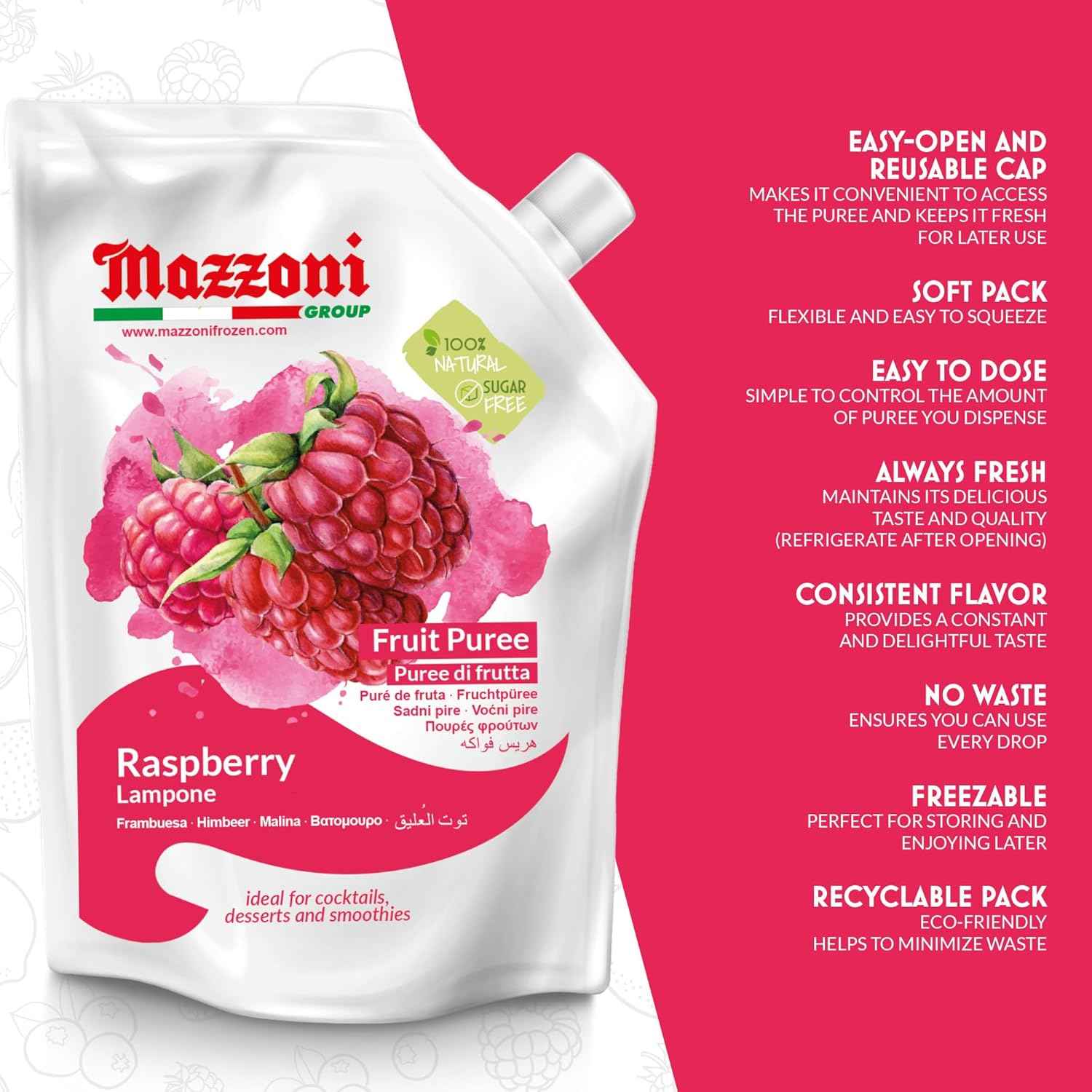 Mazzoni, Raspberry Puree, 100% Pure Raspberries, Just Fruit, No Sugar Added, 2.2 lb