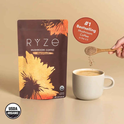 RYZE SUPERFOODS Mushroom Medium Roast Coffee Starter Kit, USDA Organic Instant Coffee with 6 Adaptogenic Mushrooms and for Energy, Focus, Digestion, Immunity with Lions Mane &amp; Turkey Tail 30 Serving