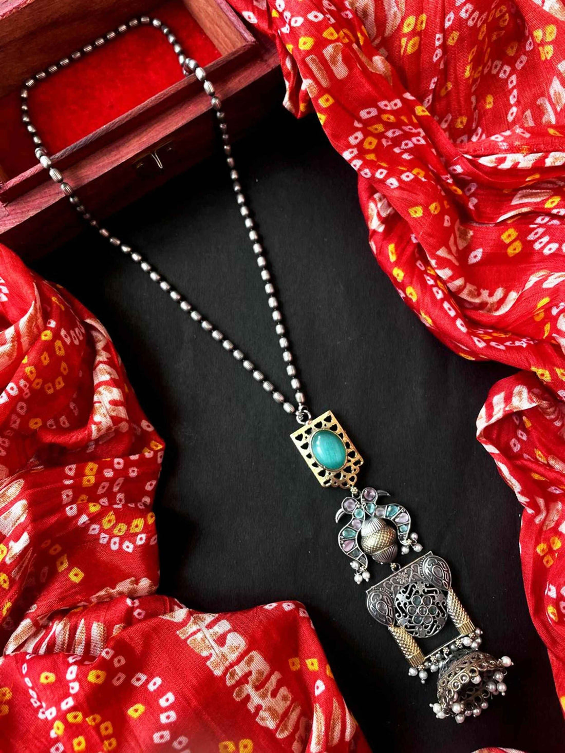 Joban Fashion Sky Blue Brass Monalisa Stone Dual Tone Beaded Pendant Chain Necklace