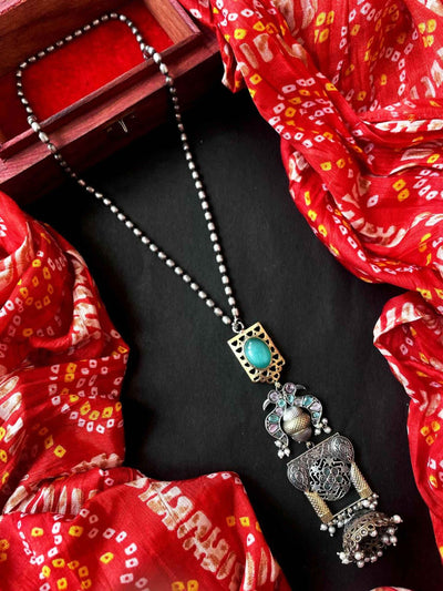 Joban Fashion Sky Blue Brass Monalisa Stone Dual Tone Beaded Pendant Chain Necklace