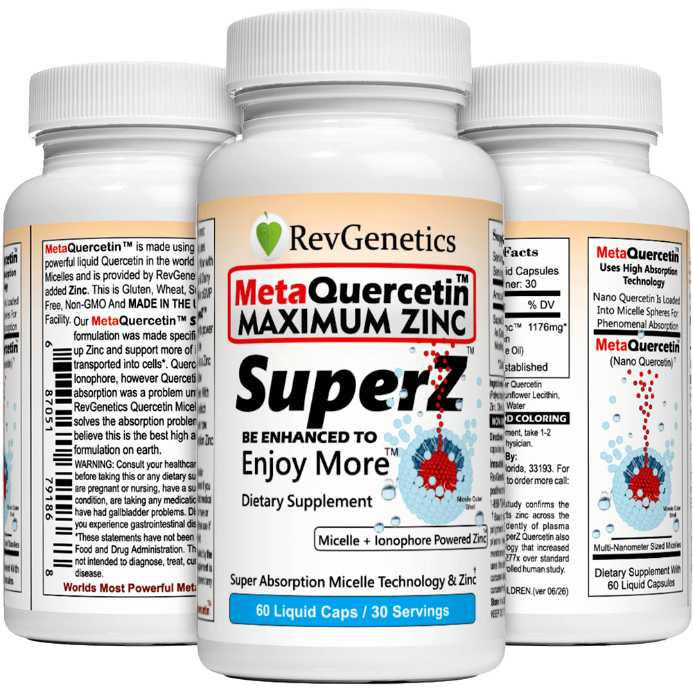 Super Z - Nano Quercetin with Zinc in Micelles Supplement - Advanced Micelle Ionophore Formula for Anti-aging Health - Immune to plain Zinc- Better than liposomal -By RevGenetics by RevGenetics