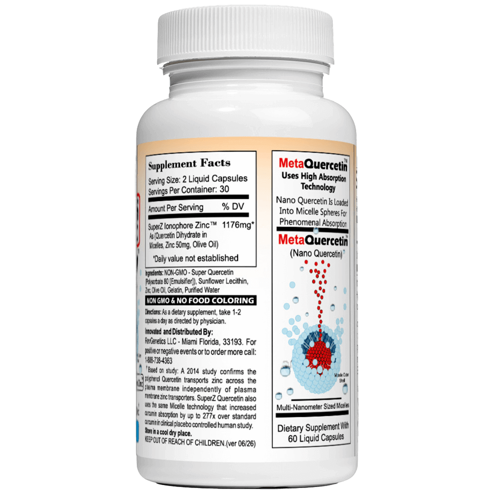 Super Z - Nano Quercetin with Zinc in Micelles Supplement - Advanced Micelle Ionophore Formula for Anti-aging Health - Immune to plain Zinc- Better than liposomal -By RevGenetics by RevGenetics