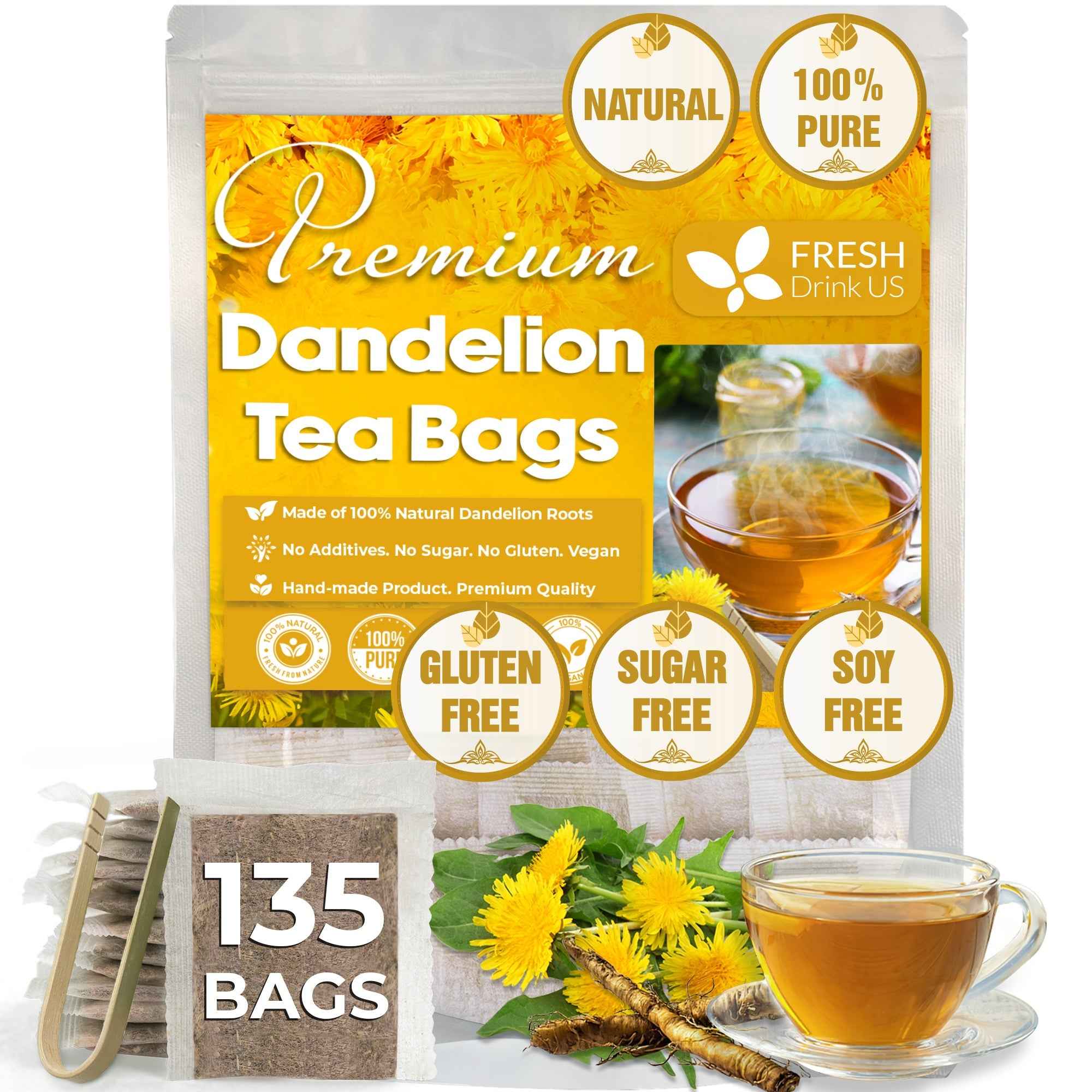Dandelion Root Tea Bags, 100% Natural &amp; Pure from Dandelion Root, Eco-Conscious Tea Bags, Dandelion Root Herbal Tea. Dandelion Root Tea. No Sugar, No Caffeine, No Gluten, Vegan.