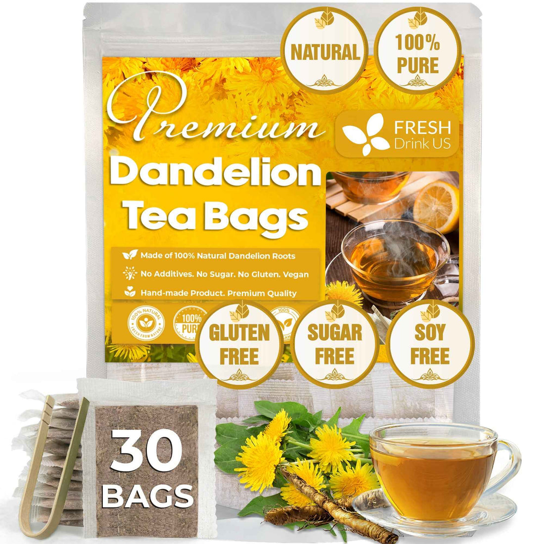 Dandelion Root Tea Bags, 100% Natural &amp; Pure from Dandelion Root, Eco-Conscious Tea Bags, Dandelion Root Herbal Tea. Dandelion Root Tea. No Sugar, No Caffeine, No Gluten, Vegan.