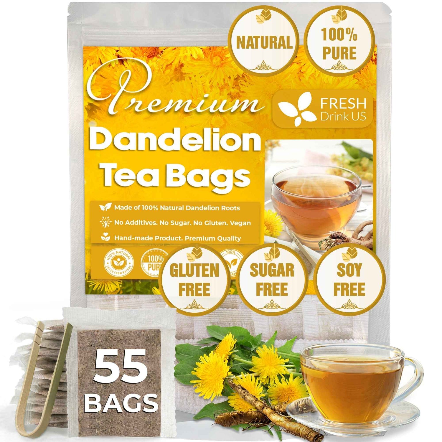 Dandelion Root Tea Bags, 100% Natural &amp; Pure from Dandelion Root, Eco-Conscious Tea Bags, Dandelion Root Herbal Tea. Dandelion Root Tea. No Sugar, No Caffeine, No Gluten, Vegan.