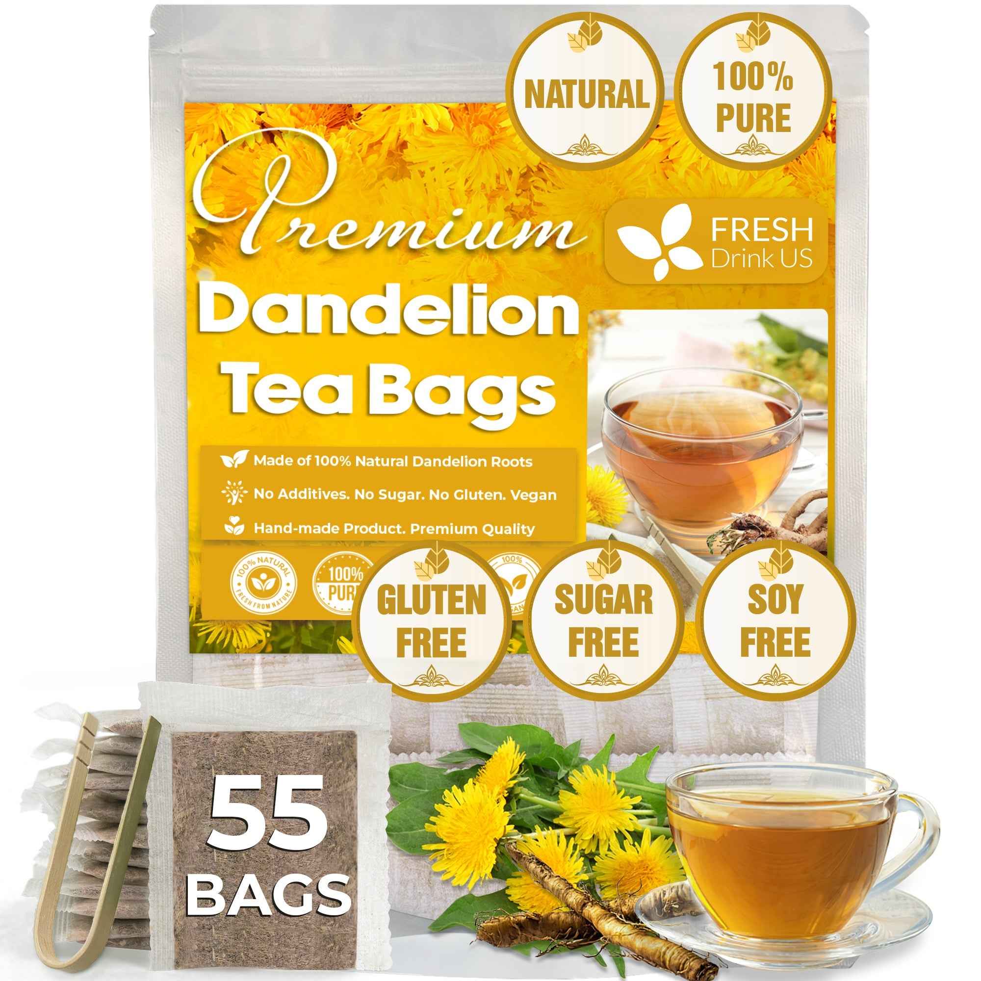 Dandelion Root Tea Bags, 100% Natural &amp; Pure from Dandelion Root, Eco-Conscious Tea Bags, Dandelion Root Herbal Tea. Dandelion Root Tea. No Sugar, No Caffeine, No Gluten, Vegan.