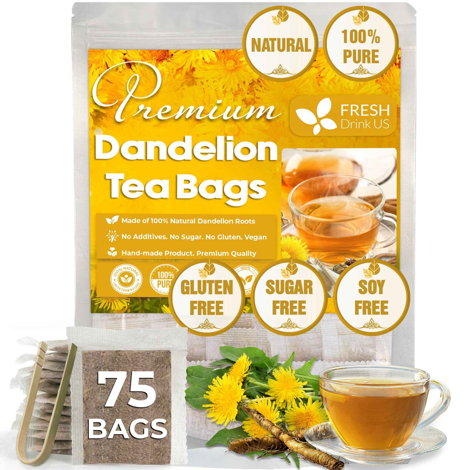Dandelion Root Tea Bags, 100% Natural &amp; Pure from Dandelion Root, Eco-Conscious Tea Bags, Dandelion Root Herbal Tea. Dandelion Root Tea. No Sugar, No Caffeine, No Gluten, Vegan.