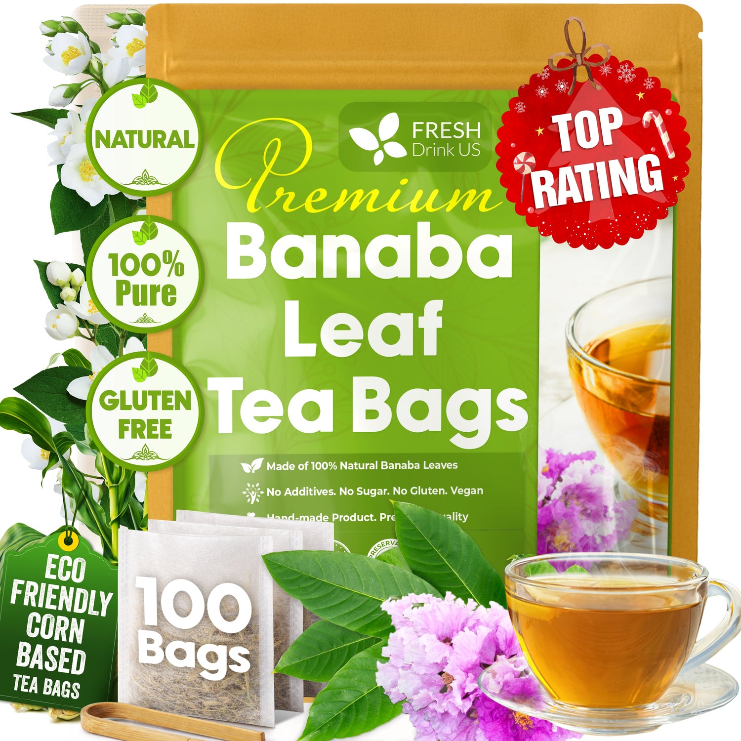 Natural Banaba Dried Leaves, Tea Bags, Powder, Whole Banaba Leaves, 100% Pure Dried Banaba Leaves, Banaba Leaf Tea, No Additives, No Caffeine, Vegan by FreshDrinkUS - Natural and Premium Herbal Tea