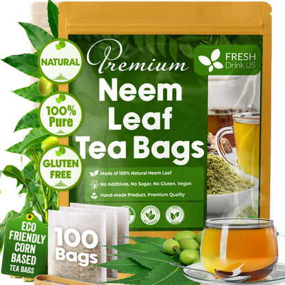 Neem Leaf Tea Bags, 100% Natural and Pure from Neem Leaves. Loose Leaf Neem Herbal Tea. Neem Leaf Tea. No Sugar, No Caffeine, No Gluten, Vegan. by FreshDrinkUS - Natural and Premium Herbal Tea