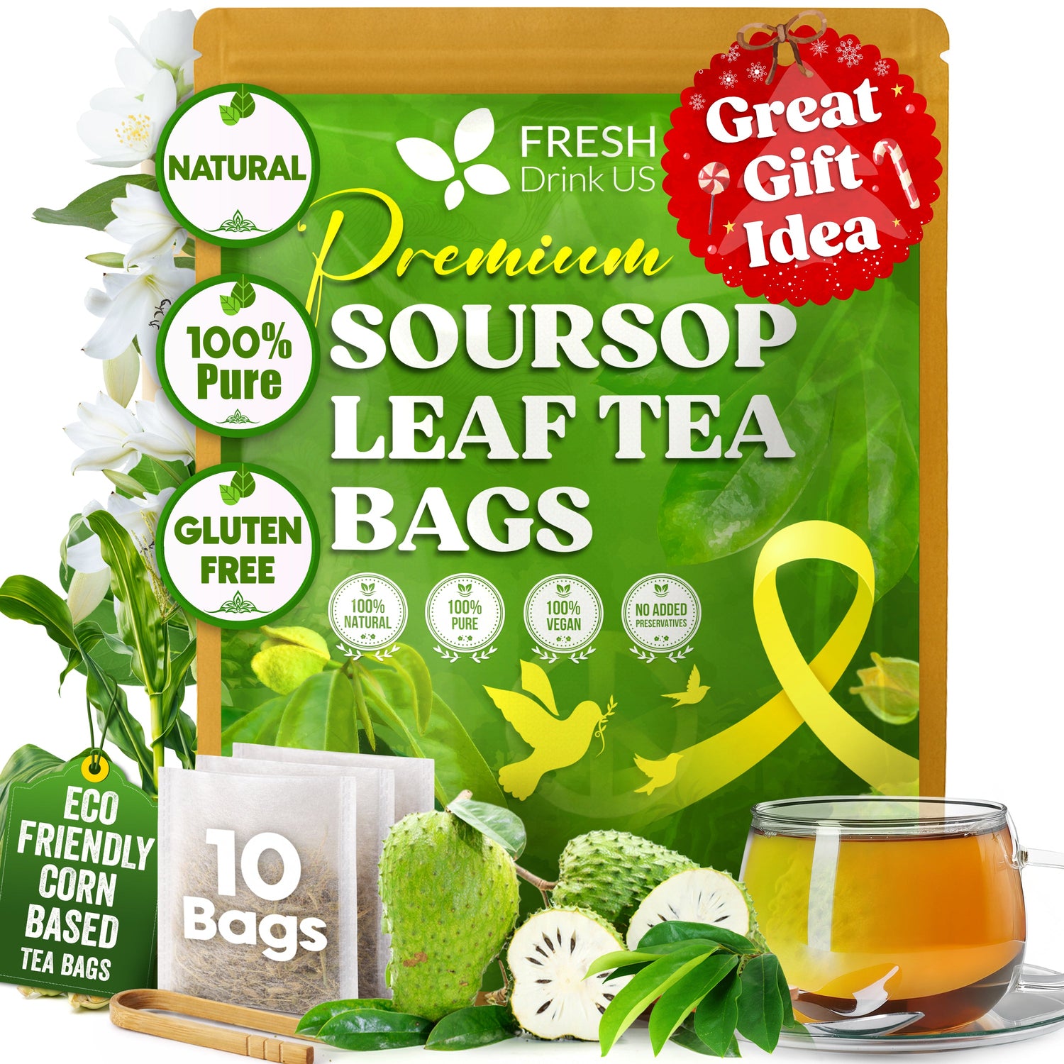Premium Soursop Leaves Tea bags, Dried Soursop Leaves, Soursop Leaf Powder, Guanabana Leaves Tea, Hoja Guanabana Tea by FreshDrinkUS - Natural and Premium Herbal Tea