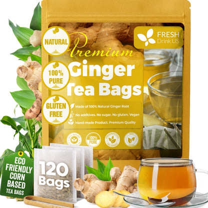 Premium Ginger Tea Bags, 100% Natural &amp; Pure from Ginger Roots, Ginger Tea, Ginger Herbal Tea. Ginger Tea. No Sugar, No Caffeine, No Gluten, Vegan. by FreshDrinkUS - Natural and Premium Herbal Tea