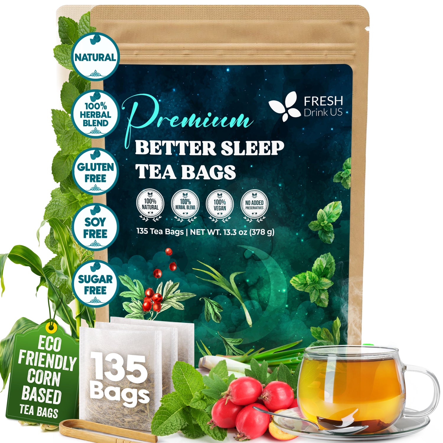 Premium Better Sleep Herbal Tea | Special Herbal Sleep Tea, Caffeine-Free Loose Leaf Blend with Spearmint Leaves, Lemongrass Leaves, and Hawthorn Berry – Naturally Refreshing and Aromatic. by FreshDrinkUS - Natural and Premium Herbal Tea