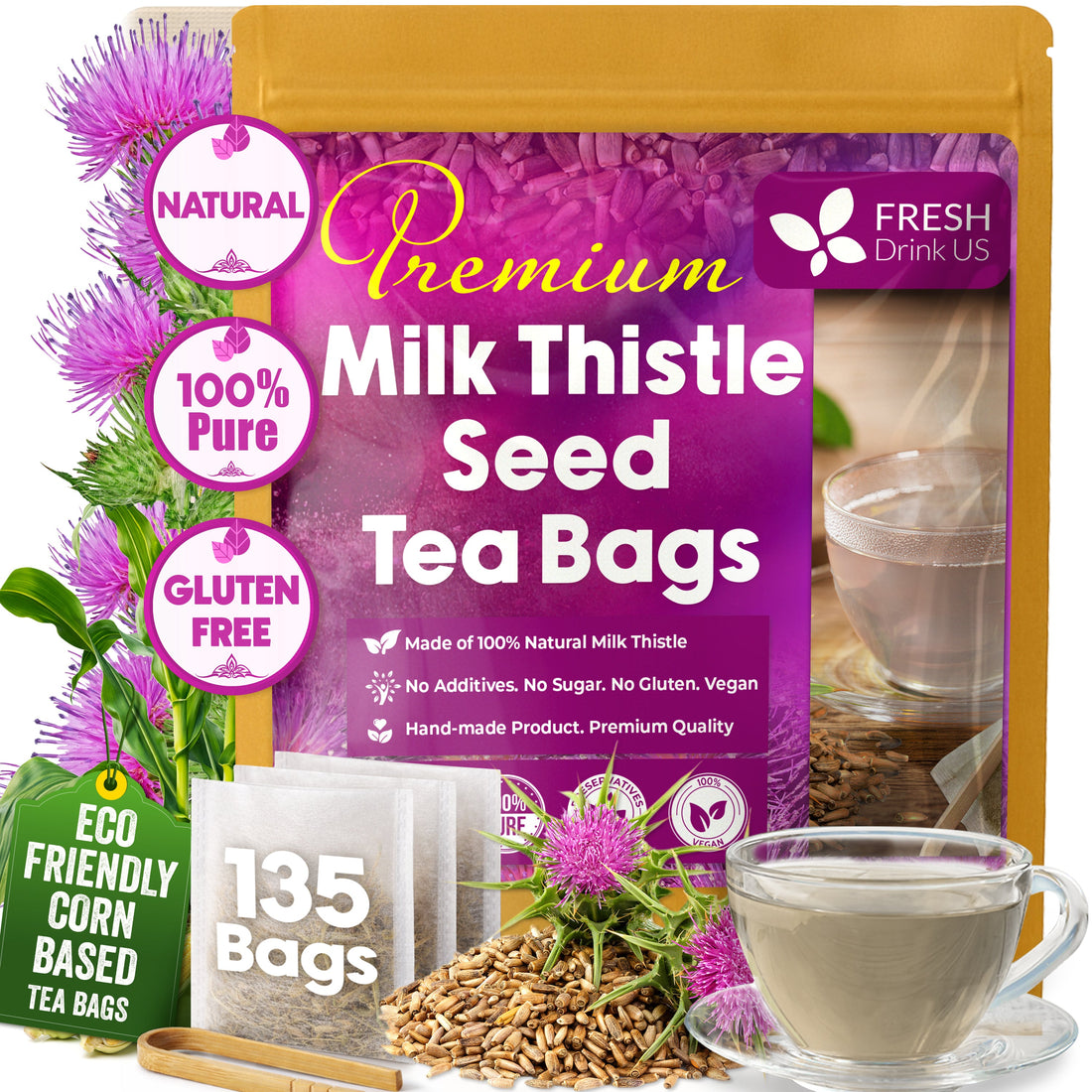 Premium Milk Thistle Tea Bags, 100% Natural &amp; Pure from Milk Thistle Seeds. Milk Thistle Seed Herbal Tea. Milk Thistle Seed Tea. Made with Natural Material Tea Bags. No Sugar, No Caffeine, No Gluten, Vegan. by FreshDrinkUS - Natural and Premium Herbal Tea