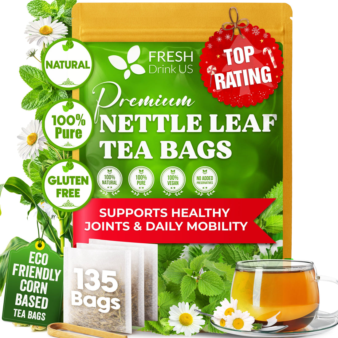Premium Nettle Leaf Tea Bags, 100% Natural &amp; Pure, Stinging Nettle Leaf Tea, Nettle Leaf Tea, Burn Nettle, Stinging Nettle, Nettle Tea, Stinger Tea, No Sugar/Caffeine &amp; Gluten, Vegan by FreshDrinkUS - Natural and Premium Herbal Tea
