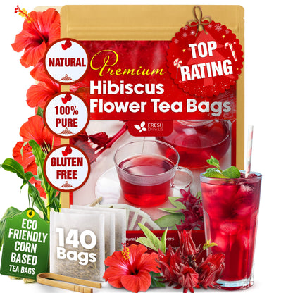 Hibiscus Dried Flowers, Tea Bags, 100% Natural, Pure from Hibiscus Flowers. Loose Flower Hibiscus Herbal Tea. Hibiscus Flower Tea. No Sugar, No Caffeine, No Gluten, Vegan. by FreshDrinkUS - Natural and Premium Herbal Tea