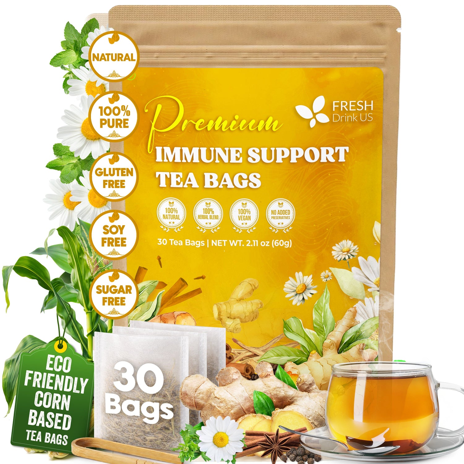 Premium Immune Support Herbal Tea Bags by FreshDrinkUS - Natural and Premium Herbal Tea