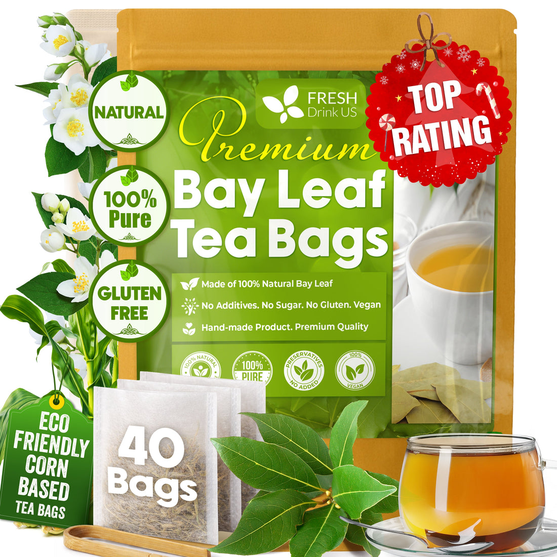 Premium Dried Bay Leaves, Tea Bags, Powder, Bay Leaves Spice, Whole Nice Leaves, Wildcrafted, Fresh Harvested, Bay Leaves For Cooking, Sugar-Free, Gluten Free, Caffeine Free, Vegan by FreshDrinkUS - Natural and Premium Herbal Tea