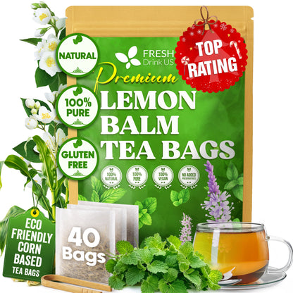 Premium Lemon Balm Leaf Tea Bags, 100% Natural &amp; Pure from Lemon Balm Leaves. Loose Leaf Lemon Balm Herbal Tea. Lemon Balm Leaf Tea. No Sugar, No Caffeine, No Gluten, Vegan. by FreshDrinkUS - Natural and Premium Herbal Tea