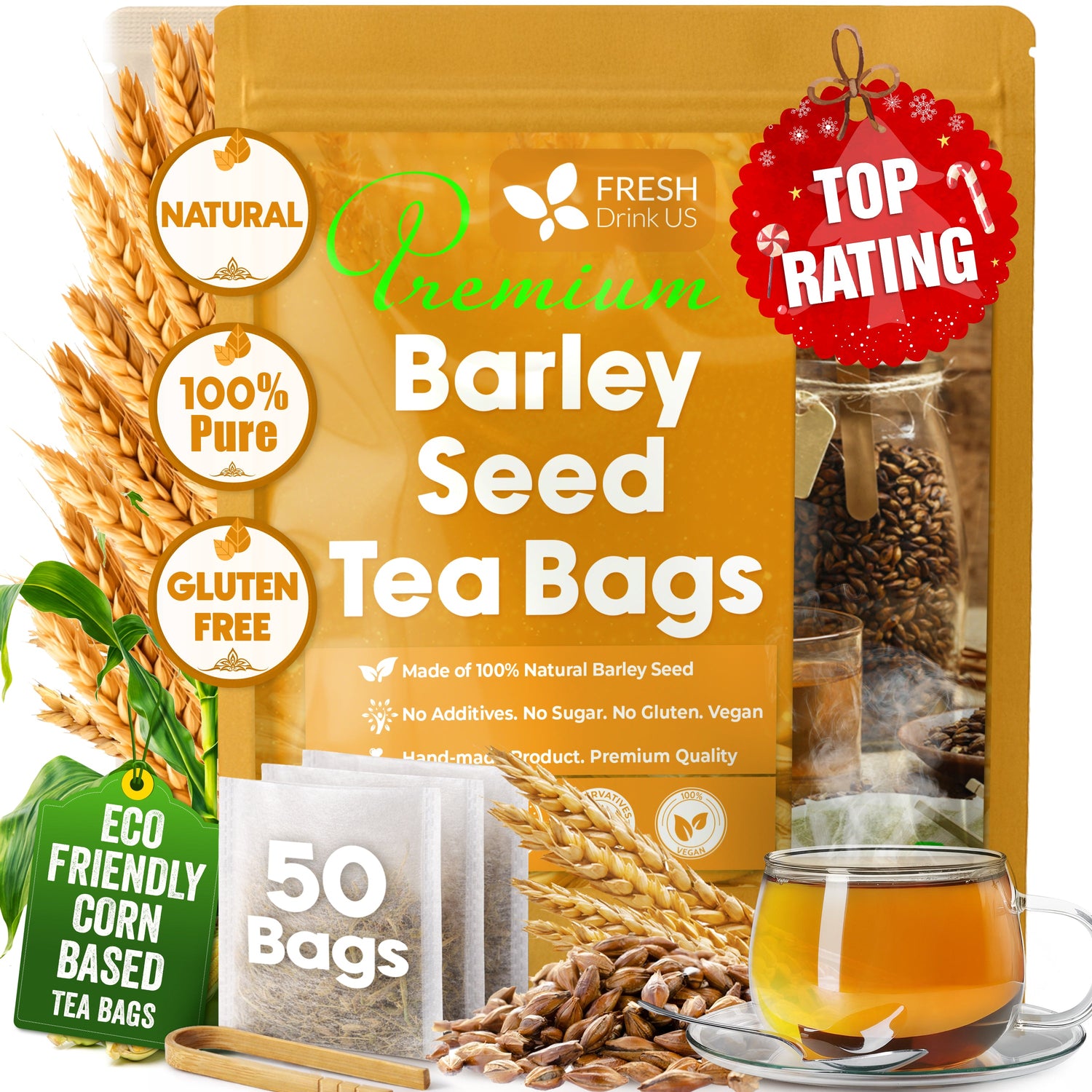 Premium Barley Tea Bags, 100% Natural &amp; Pure from Barley. Loose Barey Herbal Tea. No Sugar, No Caffeine, No Gluten, Vegan. by FreshDrinkUS - Natural and Premium Herbal Tea