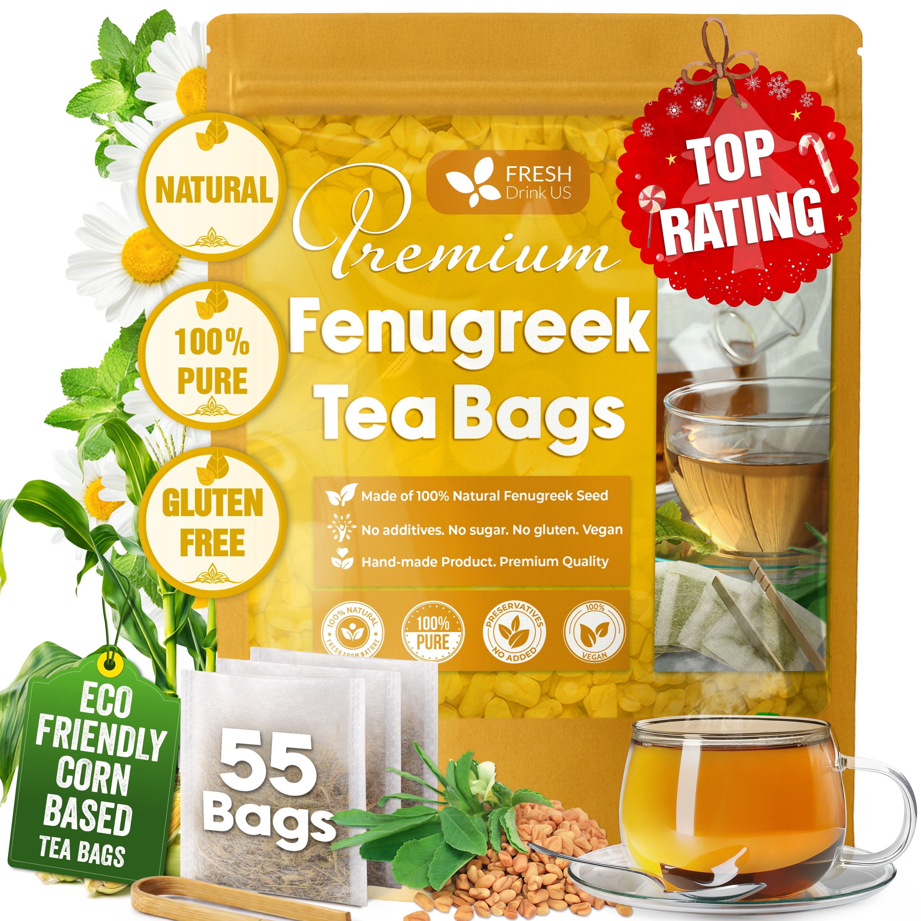 Premium Fenugreek Tea Bags. No Sugar, No Caffeine, No Gluten, Vegan. (30 Tea Bags) by FreshDrinkUS - Natural and Premium Herbal Tea