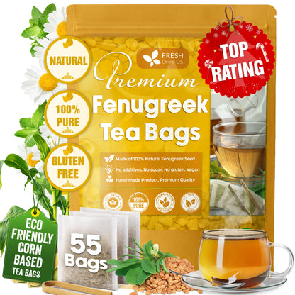 Premium Fenugreek Tea Bags. No Sugar, No Caffeine, No Gluten, Vegan. (30 Tea Bags) by FreshDrinkUS - Natural and Premium Herbal Tea