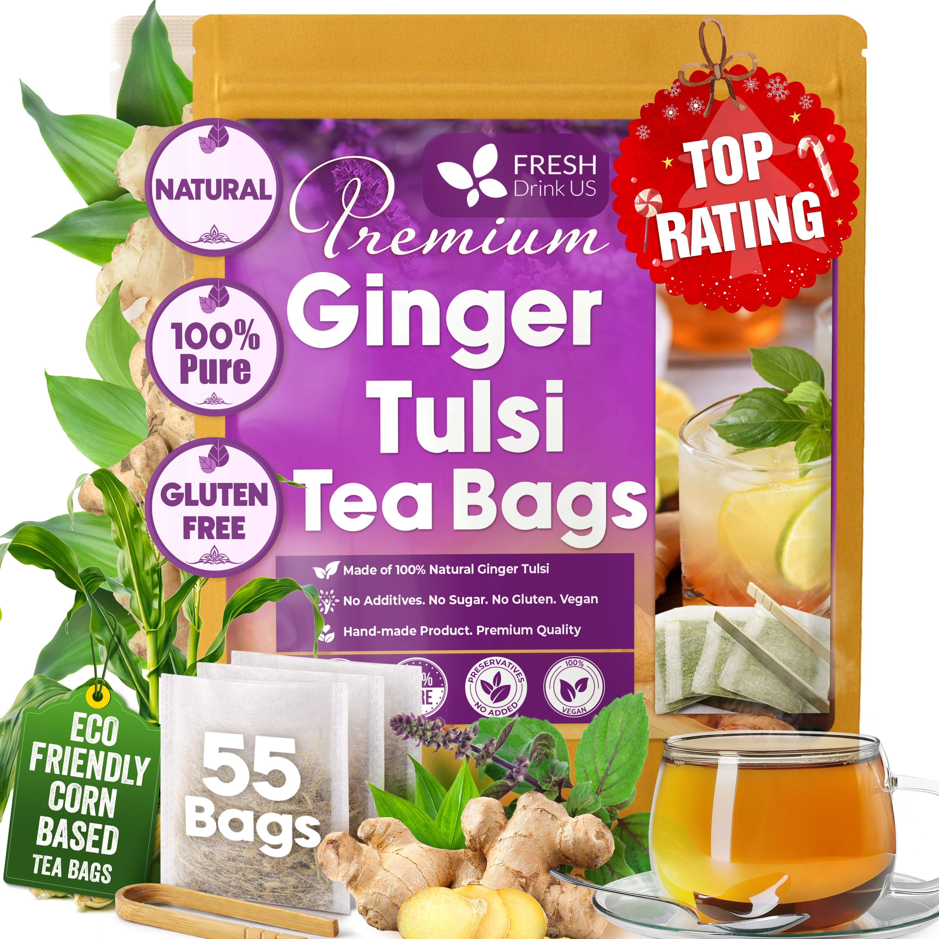 Premium Ginger Tulsi Tea Bags | Hand-made Blend of Ginger and Tulsi Holy Basil Leaves by FreshDrinkUS - Natural and Premium Herbal Tea