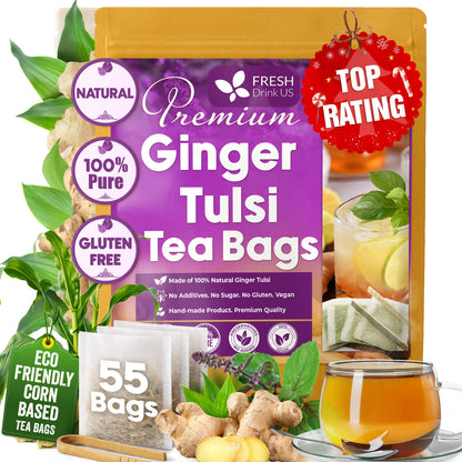 Premium Ginger Tulsi Tea Bags | Hand-made Blend of Ginger and Tulsi Holy Basil Leaves by FreshDrinkUS - Natural and Premium Herbal Tea
