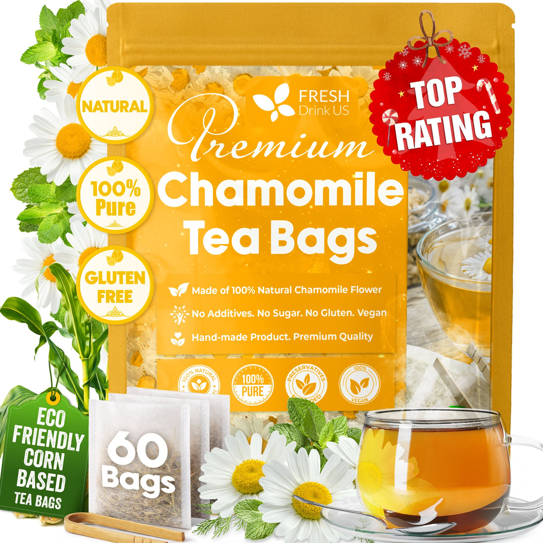 Chamomile Tea Bags, 100% Natural Chamomile, Freshly Picked, Naturally Dried Chamomile, Hand-made, Biodegradable Tea Bag 
