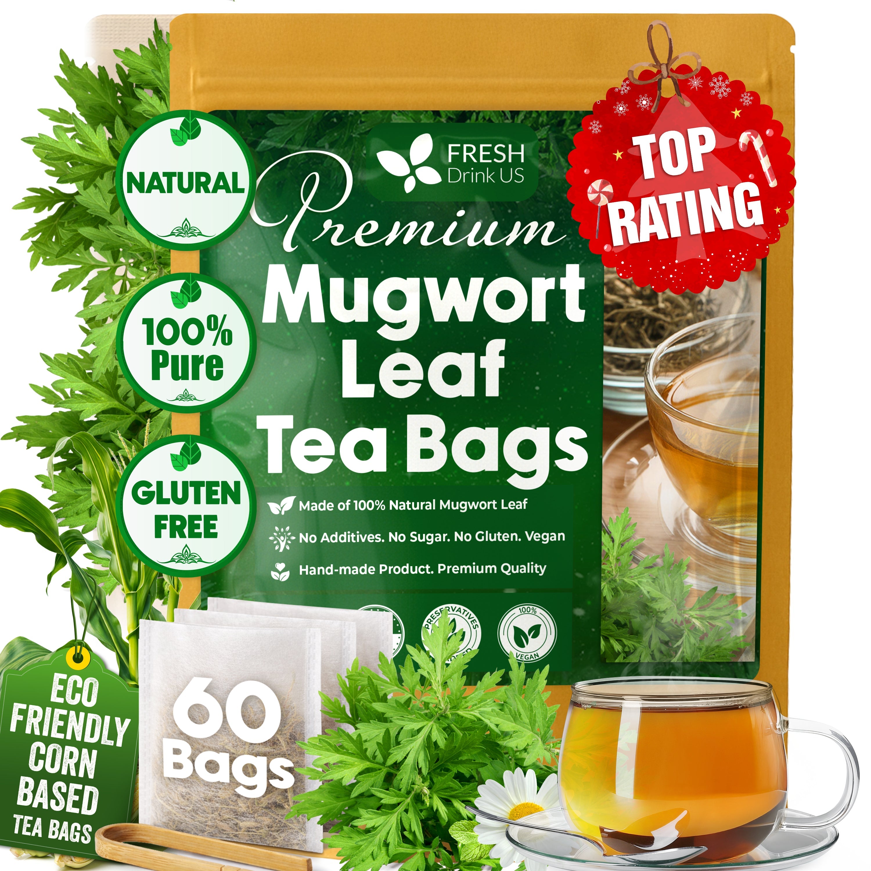 Mugwort Leaf Tea Bags, 100% Natural and Pure Mugwort Leaves, Loose Leaf Mugwort Herbal Tea, Mugwort Leaf Tea, No Sugar, No Caffeine, No Gluten, Vegan. by FreshDrinkUS - Natural and Premium Herbal Tea