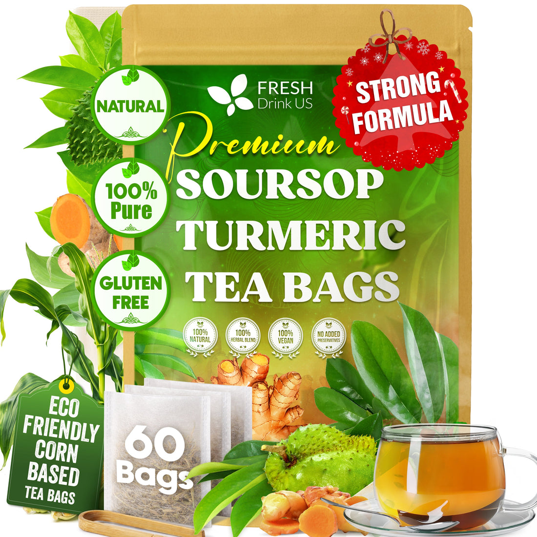 Premium Soursop Turmeric Tea Bags | Blend of Soursop Leaves, and Turmeric Root by FreshDrinkUS - Natural and Premium Herbal Tea