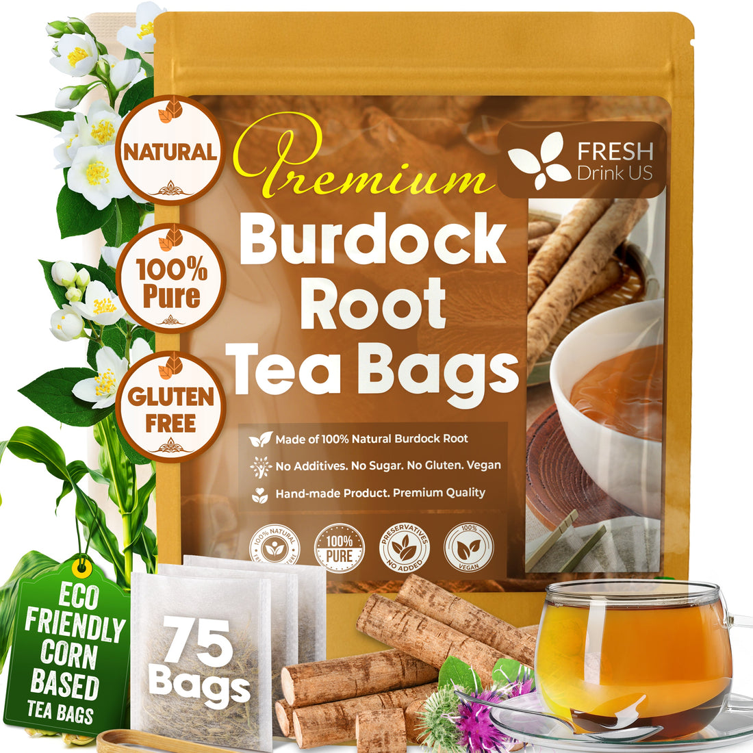 Burdock Root Tea Bags, 100% Natural &amp; Pure from Burdock Root. Burdock Root Herbal Tea. Burdock Root Tea. No Sugar, No Caffeine, No Gluten, Vegan. by FreshDrinkUS - Natural and Premium Herbal Tea