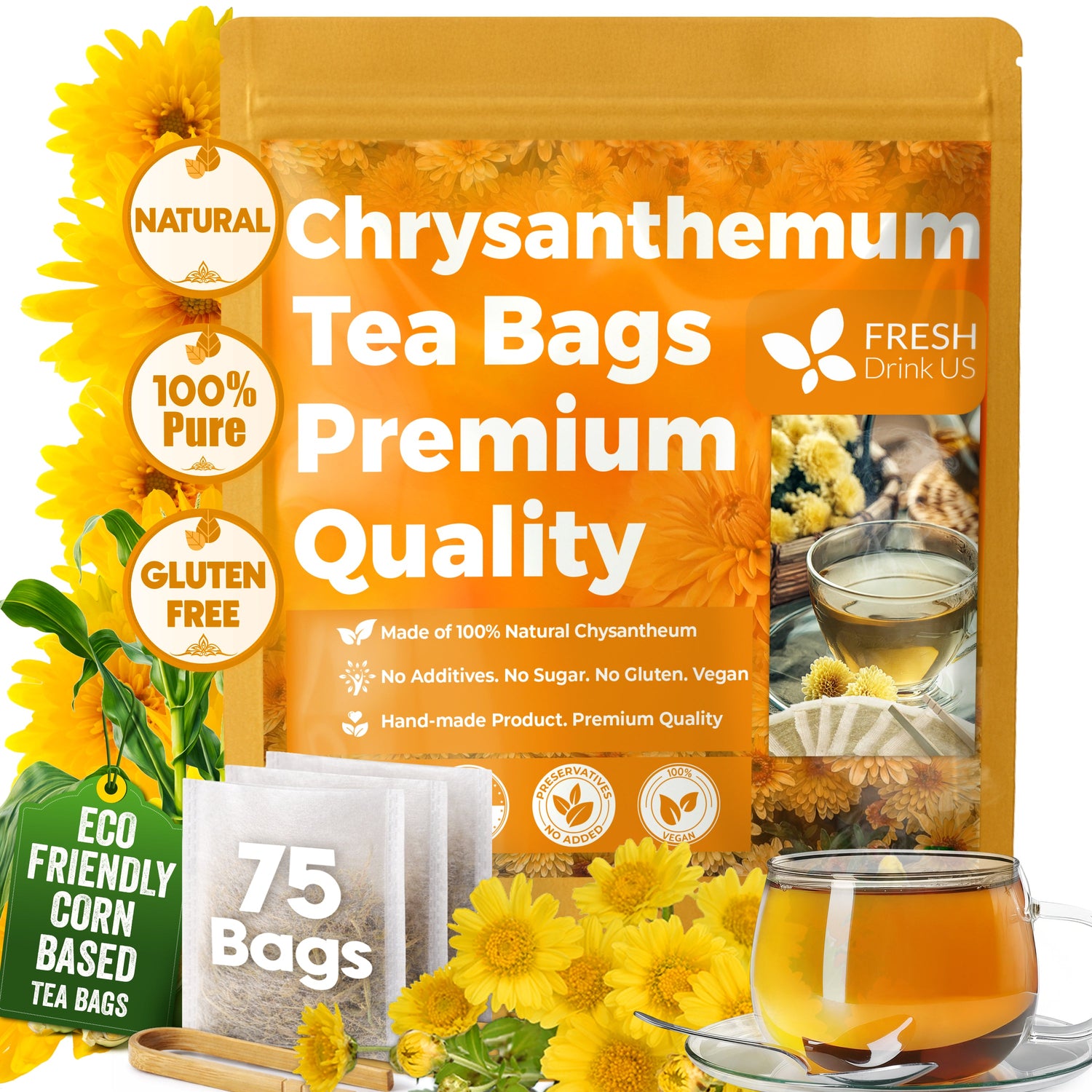 Premium Chrysanthemum Flower Tea Bags. Chrysanthemum Flower Herbal Tea. No Sugar, No Caffeine, No Gluten, Vegan. by FreshDrinkUS - Natural and Premium Herbal Tea