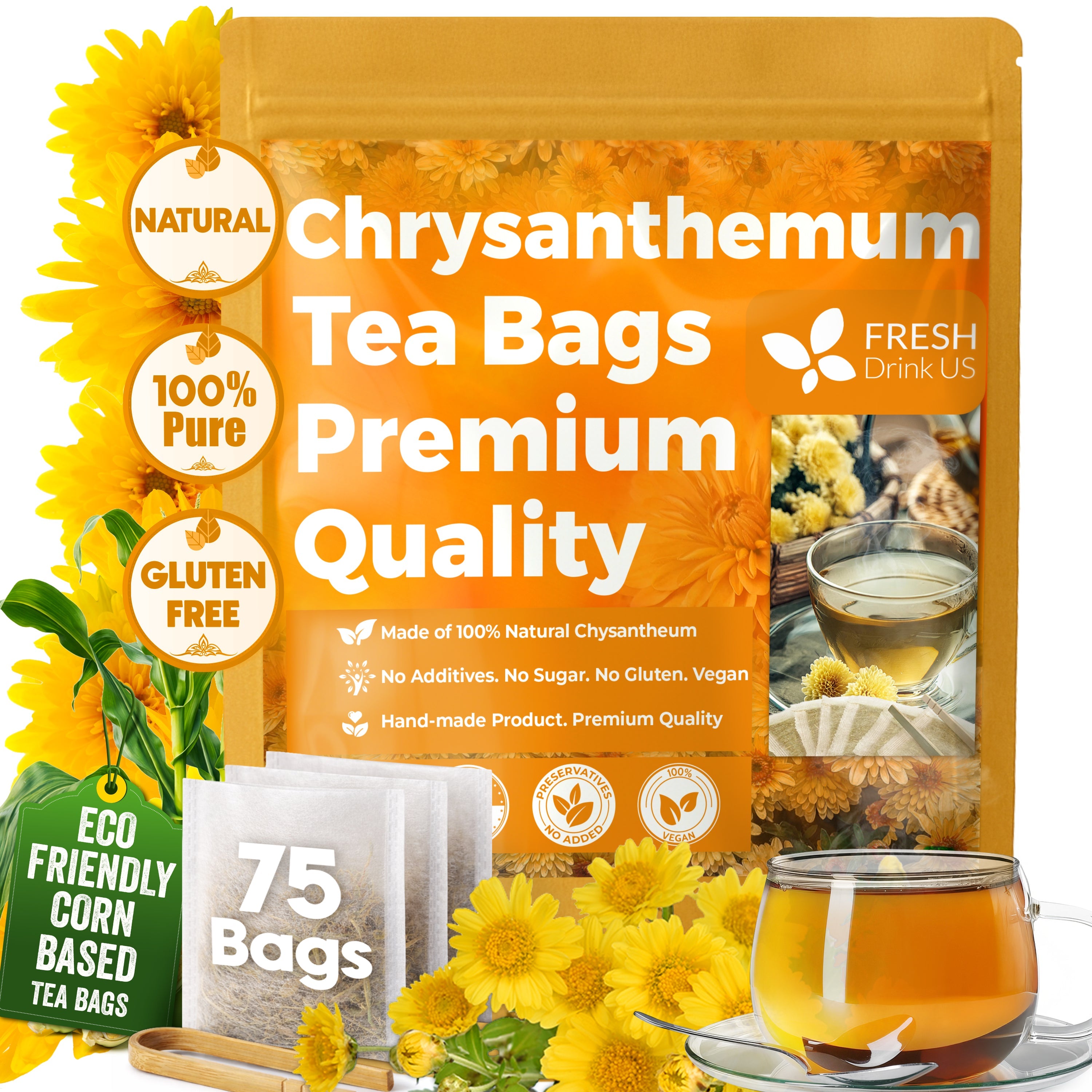 Premium 75 Chrysanthemum Flower Tea Bags by FreshDrinkUS - Natural and Premium Herbal Tea