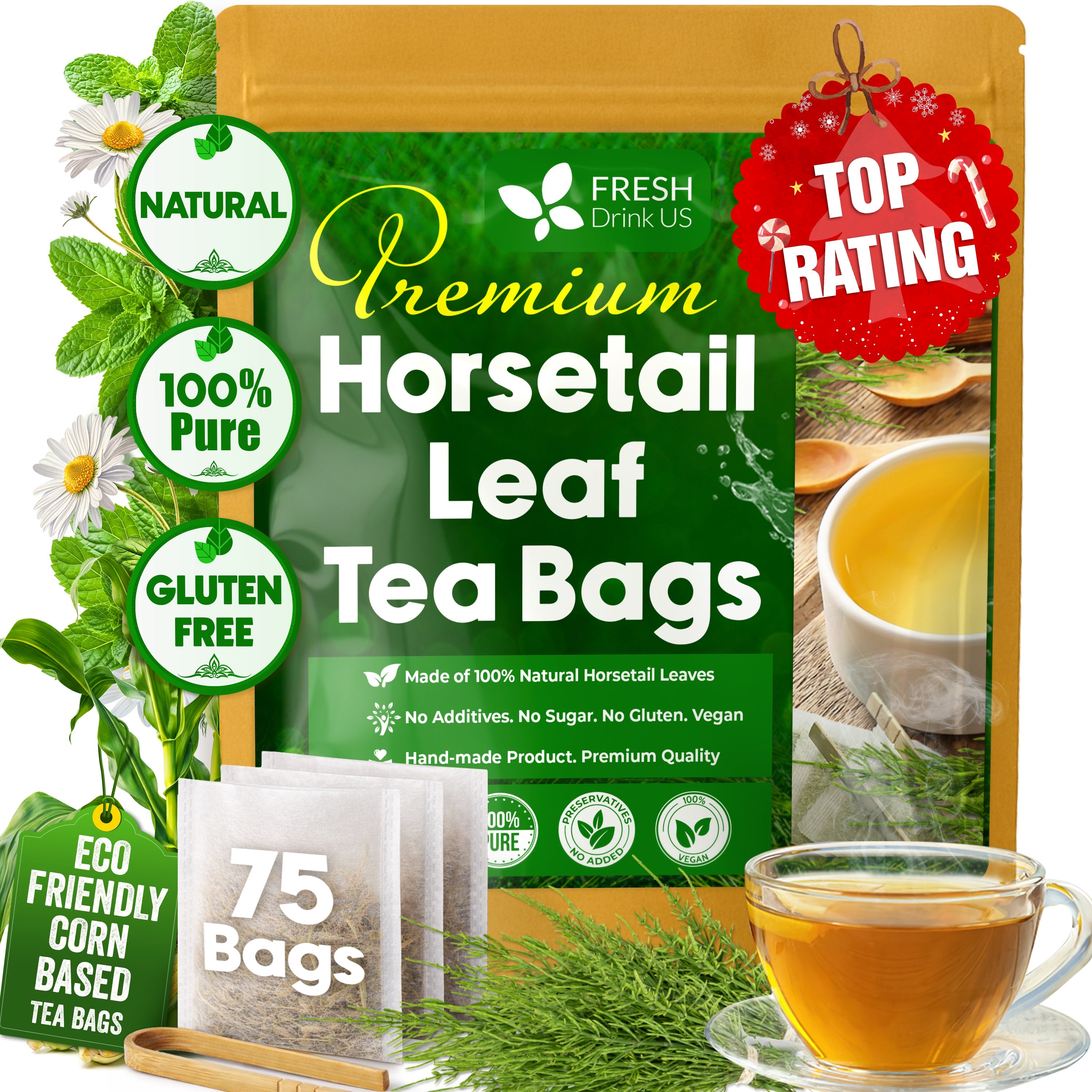 Premium Horsetail Leaf Tea Bags, 100% Natural &amp; Pure from Horsetail Loose Leaves Herbal Tea. No Sugar, No Caffeine, No Gluten, Vegan. by FreshDrinkUS - Natural and Premium Herbal Tea