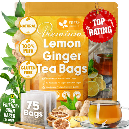Premium Lemon Ginger Tea Bag, Eco-conscious Tea Bags. Lemon Ginger Herbal Tea. No Sugar, No Caffeine, No Gluten, Vegan. by FreshDrinkUS - Natural and Premium Herbal Tea