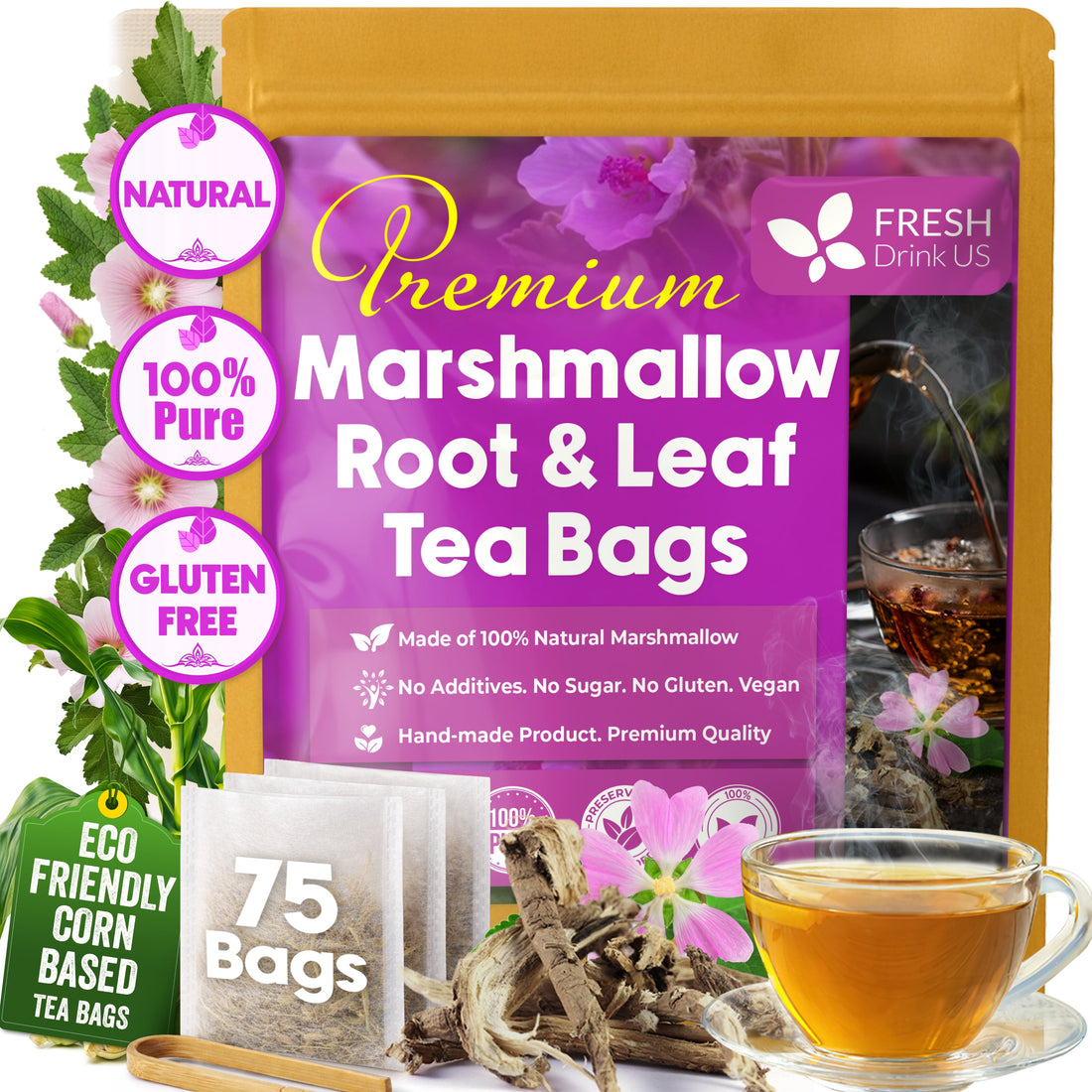 Premium Marshmallow Root and Leaf Tea Bags, 100% Natural &amp; Pure. by FreshDrinkUS - Natural and Premium Herbal Tea