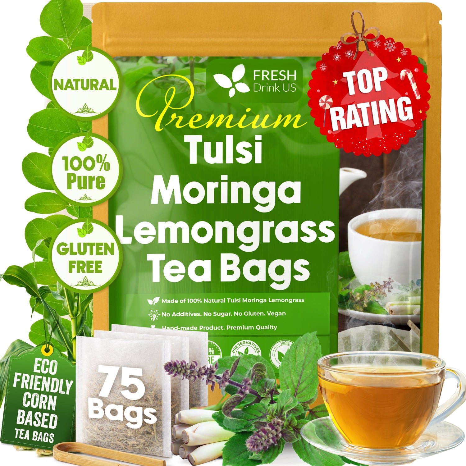 Premium Tulsi Moringa Lemongrass Tea Bags, 100% Natural &amp; Pure from Tulsi Holy Basil Leaves, Moringa &amp; Lemongrass. by FreshDrinkUS - Natural and Premium Herbal Tea