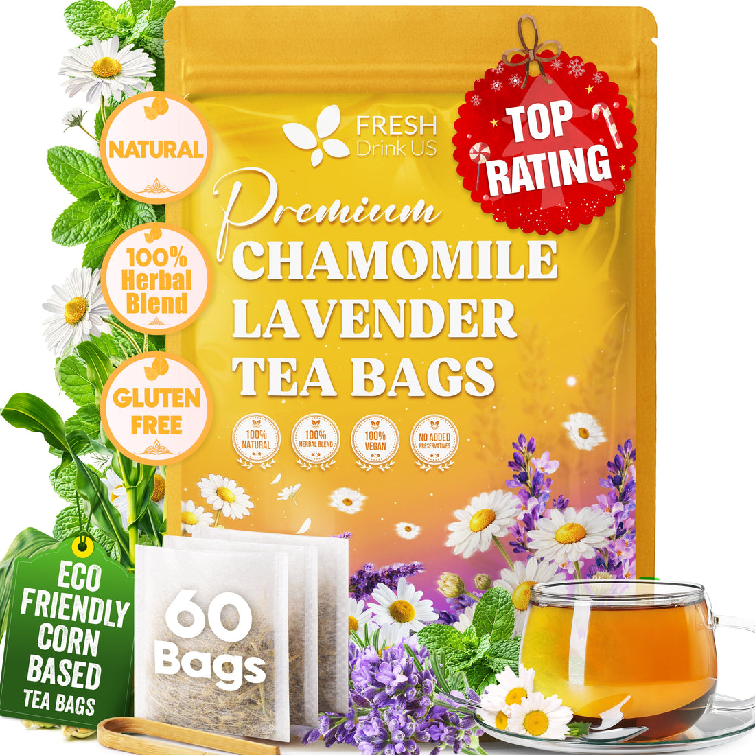 Premium Chamomile Lavender Tea Bags, Eco-conscious Tea Bags. No Sugar, No Caffeine, No Gluten, Vegan. by FreshDrinkUS - Natural and Premium Herbal Tea